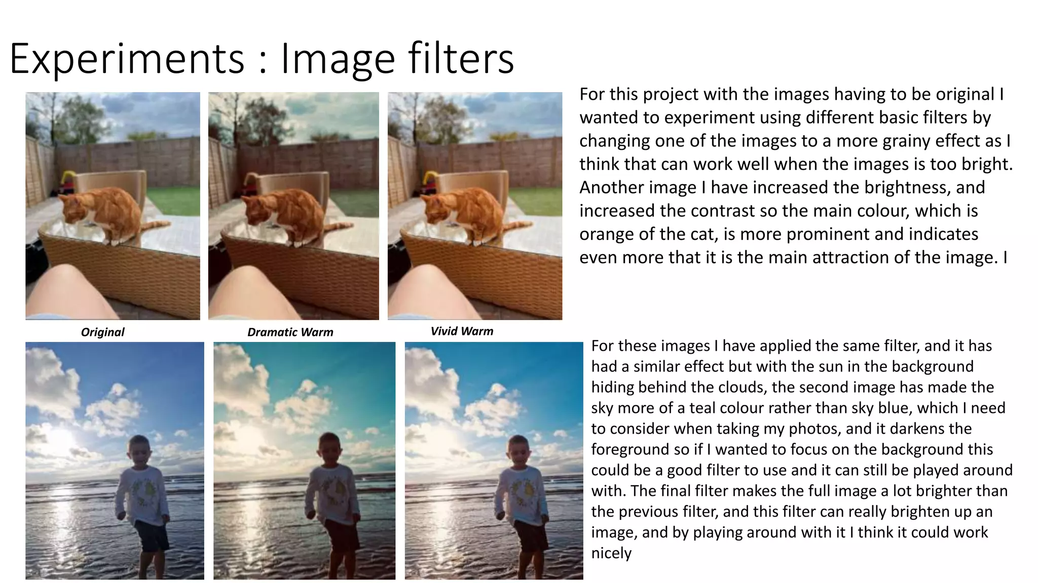 Experiments : Image filters
For this project with the images having to be original I
wanted to experiment using different basic filters by
changing one of the images to a more grainy effect as I
think that can work well when the images is too bright.
Another image I have increased the brightness, and
increased the contrast so the main colour, which is
orange of the cat, is more prominent and indicates
even more that it is the main attraction of the image. I
For these images I have applied the same filter, and it has
had a similar effect but with the sun in the background
hiding behind the clouds, the second image has made the
sky more of a teal colour rather than sky blue, which I need
to consider when taking my photos, and it darkens the
foreground so if I wanted to focus on the background this
could be a good filter to use and it can still be played around
with. The final filter makes the full image a lot brighter than
the previous filter, and this filter can really brighten up an
image, and by playing around with it I think it could work
nicely
Original Dramatic Warm Vivid Warm
 