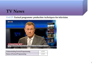 1
TV News
Unit 27: Factual programme production techniques for television
Understanding Factual Programming 1.3.17.
Issues of Factual Programming 1.3.17.
 
