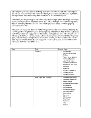 Aftercompletingmyproject,Ithinkthe thingsthatwentwell withitall wasthatthe planningand
researchwasdone on time andthe overall layoutof myfanzine looksdecenttosay it'smy firsttime
makinga fanzine.Ifeel likethisprojecthasbeenfuntodoas it issomethingnew.
Furthermore, the thingsIstruggledwithforthisprojectwastryingtoget myideal targetaudience asI
couldn’tpostmysurveylinkinsome car forums.But I diduse the target audience thatwasgivenat
the start of the projectand thisina way helpedme togeta visual ideaof whatthat age group
audience wouldbe into.
But overall, Iam happywiththe resultandhow thingsworkedoutand how I managedto complete
everythingontime despite havingcovid-19makingthingsalittle difficult. Also, Ithinktosaythiswas
my firstfanzine Iamveryhappy withhow itturnedout andhope to put some of the thingsI learned
inthisprojectintofuture projects. However, if Ihadto doany improvementsandif Idid thisproject
again, I wouldmake sure I'm signeduptocar forumsin advance, so I don’thave to feel likeIdidn’t
reach myideal targetaudience.ButIam happywithhow everythingwent, andIwoulddoanother
projectjustlike thisasI founditfun to do.
Week Task Specific Tasks
1 Research  Car festivals
 Car brands and the
history
 Types of car graphics
 Car modifications
 Job role of a car
mechanic/technician
 Production and topic
research
 Practical
 Audience research:
 Survey results
 Survey summary
2 Initial Plans and Proposal  What I plan to make
 What influenced me
 Mood boards:
 Car festival and races
 Car Brands
 Car Graphics
 Car Modifications
 Car mechanics/
technicians
 Fanzines
 Mind maps:
 Final Idea
 Content
 Title
 Colours
 