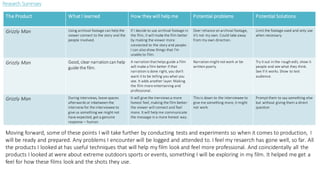 Research Summary
The Product What I learned How they will help me Potential problems Potential Solutions
Grizzly Man Using archival footage can help the
viewer connect to the story and the
people involved.
If I decide to use archival footage in
the film, it will make the film better
by making the viewer more
connected to the story and people.
I can also show things that I'm
unable to film.
Over reliance on archival footage,
it's not my own. Could take away
from my own direction.
Limit the footage used and only use
when necessary.
Grizzly Man Good, clear narration can help
guide the film.
A narration that helps guide a film
will make a film better if that
narration is done right, you don't
want it to be telling you what you
see. It adds another layer. Making
the film more entertaining and
professional.
Narration might not work or be
written poorly.
Try it out in the rough edit, show it
people and see what they think.
See if it works. Show to test
audience.
Grizzly Man During interviews, leave spaces
afterwards or inbetween the
interveiw for the interviewee to
give us something we might not
have expected, get a genuine
response – human.
It will give the inerviews a more
honest feel, making the film better-
the viewer will connect and feel
more. It will help me communicate
the message in a more honest way.
This is down to the interviewee to
give me something more, it might
not work.
Prompt them to say something else
but without giving them a direct
question
Moving forward, some of these points I will take further by conducting tests and experiments so when it comes to production, I
will be ready and prepared. Any problems I encounter will be logged and attended to. I feel my resaerch has gone well, so far. All
the products I looked at has useful techniques that will help my film look and feel more professional. And coincidentally all the
products I looked at were about extreme outdoors sports or events, something I will be exploring in my film. It helped me get a
feel for how these films look and the shots they use.
 