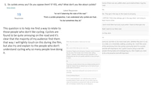 This question is to help me find a way to relate to
those people who don't like cycling. Cyclists are
found to be quite annoying on the road and it's
clear that the majority of my audience find them
that way. I will lightly touch on this during the film,
but also try and explain to the people who don't
understand cycling why so many people love doing
it.
 