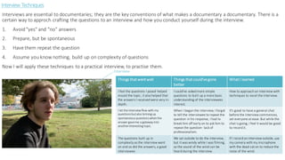 Interview Techniques
Interviews are essential to documentaries; they are the key conventions of what makes a documentary a documentary. There is a
certain way to approch crafting the questions to an interview and how you conduct yourself during the interview.
1. Avoid"yes" and "no" answers
2. Prepare, but be spontaneous
3. Have them repeat the question
4. Assume you know nothing, build up on complexity of questions
Now I will apply these techniques to a practical interview, to practise them.
Interview
Things thatwentwell Things thatcould'vegone
better
WhatI learned
I feel the questions I posed helped
mould the topic, it also helped that
the answers I received were very in-
depth.
I could've asked more simple
questions to bulit up a more basic
understanding of the interviewees
interest.
How to approach an interview with
techniques to excel the interview.
I let the interview flow with my
questionsbutalso briningup
spontaneousquestionswhenthe
answer gaveme a gateway into
anotherinteresting topic.
When I began the interview, I forgot
to tell the interviewee to repeat the
question in his response, I had to
break him off early on to ask him to
repeat the question- lack of
professionalism.
It's good to have a general chat
before the interview commences,
set everyone at ease. But while the
chat is going, I feel it would be good
to record it.
The questions bulit up in
complexity as the interview went
on and so did the answers, a good
interviewee.
We sat outside to do the interview,
but it was windy while I was filming,
so the sound of the wind can be
heard during the interview.
If I record an interview outside, use
my camera with my microphone
with the dead cat on to reduce the
noise of the wind.
 
