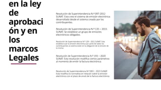 en la ley
de
aprobaci
ón y en
los
marcos
Legales
Resolución de Superintendencia N.º 003 – 2023 SUNAT.
Esta modifica la normativa en relación sobre la emisión
electrónica con el plazo de envió de la factura electrónica.
Resolución de Superintendencia N.º 097-2012
SUNAT. Esta creo el sistema de emisión electrónica
desarrollado desde el sistema creado por los
contribuyentes.
Resolución de Superintendencia N.º 128 – 2021 SUNAT. Esta
establece que la emisión electrónica por parte de todos los
contribuyentes al sistema están en la obligación de la emisión de
la misma.
Resolución de Superintendencia N.º 135 – 2015
SUNAT. Se establece un grupo de emisores
electrónicos obligados.
Resolución de Superintendencia N.º 193 – 2020
SUNAT. Esta resolución modifica ciertos parámetros
al momento de emitir la factura electrónica.
 