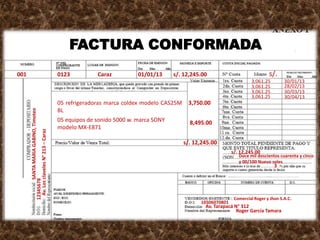 001 0123 Caraz 01/01/13 s/. 12,245.00
05 equipos de sonido 5000 w. marca SONY
modelo MX-E871
3,750.0005 refrigeradoras marca coldex modelo CAS25M
BL
8,495.00
s/.
s/. 12,245.00
3,061.25
3,061.25
3,061.25
3,061.25
30/01/13
28/02/13
30/03/13
30/04/13
s/. 12,245.00
Doce mil doscientos cuarenta y cinco
y 00/100 Nuevo soles
FACTURA CONFORMADA
3
Comercial Roger y Jhon S.A.C.
10506070801
Av. Tarapacá N° 312
Roger García Tamara
SANTAMARIAGABINO,Timoteo
12345678
Av.LosclavelesN°213–Caraz
 