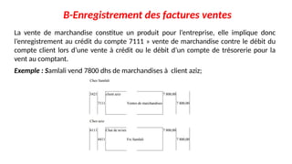 B-Enregistrement des factures ventes
La vente de marchandise constitue un produit pour l’entreprise, elle implique donc
l’enregistrement au crédit du compte 7111 » vente de marchandise contre le débit du
compte client lors d’une vente à crédit ou le débit d’un compte de trésorerie pour la
vent au comptant.
Exemple : Samlali vend 7800 dhs de marchandises à client aziz;
 