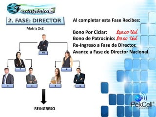 Al completar esta Fase Recibes:
Bono Por Ciclar: $40.00 Usd.
Bono de Patrocinio: $10.00 Usd.
Re-Ingreso a Fase de Director.
Avance a Fase de Director Nacional.
REINGRESO
Matriz 2x2
 