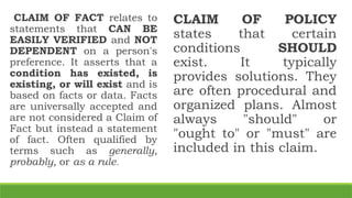 CLAIM OF FACT relates to
statements that CAN BE
EASILY VERIFIED and NOT
DEPENDENT on a person's
preference. It asserts that a
condition has existed, is
existing, or will exist and is
based on facts or data. Facts
are universally accepted and
are not considered a Claim of
Fact but instead a statement
of fact. Often qualified by
terms such as generally,
probably, or as a rule.
CLAIM OF POLICY
states that certain
conditions SHOULD
exist. It typically
provides solutions. They
are often procedural and
organized plans. Almost
always "should" or
"ought to" or "must" are
included in this claim.
 