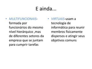 E ainda...
• MULTIFUNCIONAISformada por
funcionários do mesmo
nível hierárquico ,mas
de diferentes setores da
empresa que se juntam
para cumprir tarefas

• VIRTUAIS-usam a
tecnologia de
informática para reunir
membros fisicamente
dispersos e atingir seus
objetivos comuns

 