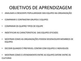 OBJETIVOS DE APRENDIZAGEM
• ANALISAR A CRESCENTE POPULARIDADE DAS EQUIPES NA ORGANIZAÇÃO
• COMPARAR E CONTRASTAR GRUPOS E EQUIPES

• COMPARAR OS QUATRO TIPOS DE EQUIPE
• INDETIFICAR AS CARACTERISTICAS DAS EQUIPES EFICAZES
• MOSTRAR COMO AS ORGANIZAÇÕES PODEM DESENVOLVER MEMBROS DE
EQUIPES
• DECIDIR QUANDO É PREFIRIVEL CONTAR COM EQUIPES E INDIVIDUOS

• MOSTRAR COMO O ATENDIMENTO ENTRE AS EQUIPES DIFERE ENTRE AS
CULTURAS

 