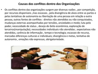 Causas dos conflitos dentro das Organizações
• Os conflitos dentro das organizações surgem por diversas razões , por competição,
por recursos disponíveis ,mas escassos , pela divergência de alvos entre as partes e
pelas tentativas de autonomia ou libertação de uma pessoa em relação a outra
pessoa, outras fontes de conflitos : direitos não atendidos ou não conquistados,
mudanças externas acompanhadas por tensões, ansiedades e medo; luta pelo
poder, necessidade de status , desejo de êxito econômico, exploração de
terceiros(manipulação); necessidades individuais não atendidas ; expectativas não
atendidas, carência de informação , tempo e tecnologia; escassez de recurso,
marcadas diferenças culturais e individuais; divergência e metas, tentativa de
autonomia , emoções não expressas, obrigatoriedade.

 