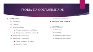 TEORIA DA CONTABILIDADE
 DEPRECIAÇÃO
 Introdução
 Conceito
 Ativo Imobilizado
 Bens que compõem o imobilizado
 Bens que não podem ser depreciados
 Critérios de depreciação
 Métodos de Depreciação
 Quotas constantes ou Linear
 Somas dos Dígitos
 Unidades Produzidas
 DEPRECIAÇÃO ACELERADA
 AMORTIZAÇÃO
 Introdução
 Conceito
 Critérios de Amortização
 Métodos de Amortização
 