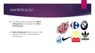 AMORTIZAÇÃO
 É a diminuição do valor dos Bens
Intangíveis que integram o Ativo
Permanente.
 Bens Intangíveis são bens que não
podemos tocar, mais podemos
comprovar.
 