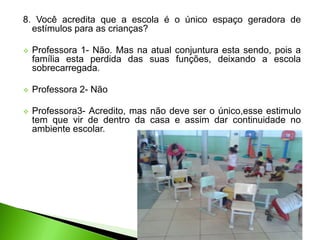 8. Você acredita que a escola é o único espaço geradora de
estímulos para as crianças?
 Professora 1- Não. Mas na atual conjuntura esta sendo, pois a
família esta perdida das suas funções, deixando a escola
sobrecarregada.
 Professora 2- Não
 Professora3- Acredito, mas não deve ser o único,esse estimulo
tem que vir de dentro da casa e assim dar continuidade no
ambiente escolar.
 