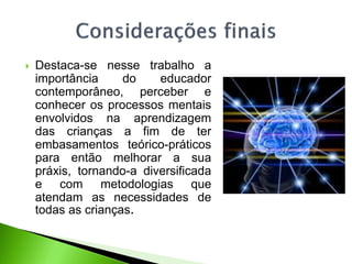  Destaca-se nesse trabalho a
importância do educador
contemporâneo, perceber e
conhecer os processos mentais
envolvidos na aprendizagem
das crianças a fim de ter
embasamentos teórico-práticos
para então melhorar a sua
práxis, tornando-a diversificada
e com metodologias que
atendam as necessidades de
todas as crianças.
 