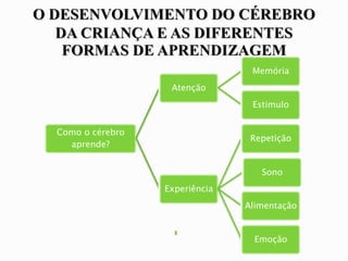 Como o cérebro
aprende?
Atenção
Memória
Estimulo
Experiência
Repetição
Sono
Alimentação
Emoção
 