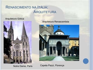 RENASCIMENTO NA ITÁLIA:
ARQUITETURA
Arquitetura Gótica
Notre Dame, Paris
Arquitetura Renascentista
Capela Pazzi, Florença
 