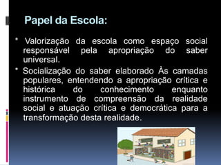 Papel da Escola:
* Valorização da escola como espaço social
responsável pela apropriação do saber
universal.
* Socialização do saber elaborado Às camadas
populares, entendendo a apropriação crítica e
histórica do conhecimento enquanto
instrumento de compreensão da realidade
social e atuação crítica e democrática para a
transformação desta realidade.
 