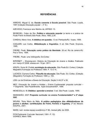 46
REFERÊNCIAS
ARROYO, Miguel G. da. Escola coerente à Escola possível. São Paulo: Loyola,
1997 (Coleção Educação popular – nº 8.).
AZEVEDO, Francisca vera Martins de, ARTIGO 13.
BEISIEGEL, Celso de Rui- Politica e educação popular (a teoria e a pratica de
Paulo Freire no Brasil) São Paulo, Ática, 1982, p.26.
CANDAU, Maria Vera. A didática em questão. 13 ed. Petrópolis/RJ: Vozes, 1999.
CAGLIARI, Luiz Carlos. Alfabetização e linguística. 6 ed. São Paulo: Scipione,
1995.
FREIRE, Paulo. Educação como prática da liberdade. 26 ed. Rio de Janeiro-RJ:
Paz e Terra, 1994.
FREIRE, Paulo- uma bibliografia. Ed.Cortez
INTERNET – Shvoong.com- Historia da Educação de Jovens e Adultos. Publicado
em: março 07,2008. acesso em: 10 jan. 2011.
KRUPA, Sonia M. Portela sociologia da educação. São Paulo.Ed. Cortez.( Coleção
Magistério Formação do Professor) 1994. P. 13 e 14.
LUCKESI, Cipriano Carlos. Filosofia da educação. São Paulo. Ed. Cortez. (Coleção
(Magistério Formação do Professor) 1994. p. 183.
LDB- Lei de Diretrizes e Bases da Educação. Seção V-Art.37 e 38.
MEC. Educação de Jovens e Adultos – Ensino Fundamental: proposta curricular –
1º.Segmento. São Paulo/Brasília. Ação Educativa/SEF, 1999.
MENEGOLLA, M. Didática: aprender a ensinar. 5 ed. São Paulo: Loyola, 1999.
MARANHÃO, 2007 Proposta curricular no ensino Fundamentalde1º e 2º etapa
(eja)
MOURA, Tânia Maria de Melo. A prática pedagógica dos alfabetizadores de
jovens e adultos: contribuições de Freire, Ferreiro e Vygotsky. 2º ed. Maceió:
EDUFAL, 2001.
MARX, karl- revista espaço acadêmico nº 86- mensal julho de 2008.
PCN Parâmento Curricular Nacional ( 1991- P. 12).
SOARES, Mário 1996.
 