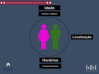 #contemaishistórias | @andredamasceno | @omelhordomkt
Idade
Gostos e hábitos
Localização
Horários
Comportamentos
 