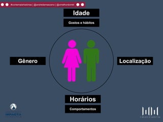 #contemaishistórias | @andredamasceno | @omelhordomkt
LocalizaçãoGênero Localização
Idade
Gostos e hábitos
Horários
Comportamentos
 