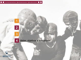 2
1 Agentes/personagens
Informação de mercado
3 Gestão e cronograma de tarefas
4 Metas, objetivos e indicadores
#contemaishistórias | @andredamasceno | @omelhordomkt
 