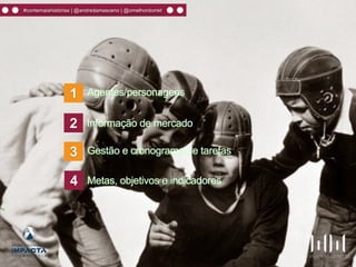 2
1 Agentes/personagens
Informação de mercado
3 Gestão e cronograma de tarefas
4 Metas, objetivos e indicadores
#contemaishistórias | @andredamasceno | @omelhordomkt
 