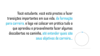 Você estudante, você está prestes a fazer
transições importantes em sua vida, da formação
para carreira, e logo vai colocar em prática tudo o
que aprendeu e provavelmente fazer algumas
descobertas no caminho, até entender quais são
seus objetivos de carreira...
 