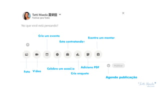 Foto Vídeo
Crie um evento
Celebre um ocasião
Esta contratando?
Crie enquete
Adicione PDF
Econtre um mentor
Agende publicação
 