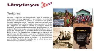 Territórios
Território _ Espaço com área delimitada sob a posse de um animal , de
uma pessoa , de uma organização , comunidade , ou instituição.
dentro das comunidades as pessoas se concentram com práticas
culturais ,organização social , tradições específicas gerando assim
territórios específicos _ As Comunidades tradicional podem ser dividas
em : Indígenas e não indígenas. A FUNAI foi criada para demarcar e
proteger o território indígena protegendo o território deles. Os não
indígenas são os caiçaras , que moravam na região litorânea e foram os
grupos das miscigenações, os quilombos foram os escravos africanos
vindos da Africa e os ribeirinhos que moravam mais no interior do país
e próximo aos rios. O território é usualmente definido como uma área
do espaço delimitada por fronteiras a partir de uma relação de posse
ou propriedade, seja essa animal ou humana. ... O termo território
vem do latim “territorium”, expressão que se referia a uma terra
delimitada ou sob uma dada jurisdição.
 