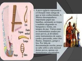 • A povo egípcio representa a
civilização mais antiga de
que se tem conhecimento. A
Música desempenhava
importante papel nas
batalhas, animando as tropas
e também alegrando os
banquetes e festas, em
tempos de paz. Vários eram
os instrumentos usados por
esses povos, já divididos
entre instrumentos de sopro,
corda e percussão, entre eles:
flautas, tímpanos, gongo e
lira. Por falta de
documentação escrita, pouco
se sabe sobre a arte musical
destes povos, apenas em
monumentos encontrados.
 
