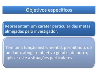 Objetivos específicos
Representam um caráter particular das metas
almejadas pelo investigador.
Têm uma função instrumental, permitindo, de
um lado, atingir o objetivo geral e, de outro,
aplicar este a situações particulares.
 
