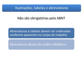 Ilustrações, tabelas e abreviaturas
Não são obrigatórias pela ABNT
Abreviaturas e tabelas devem ser ordenadas
conforme aparecem no corpo do trabalho
Abreviaturas devem ter ordem alfabética
 
