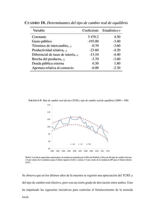 Se observa que en los últimos años de la muestra se registró una apreciación del TCRE y
del tipo de cambio real efectivo, pero con un cierto grado de desviación entre ambos. Esto
ha impulsado las siguientes iniciativas para controlar el fortalecimiento de la moneda
local:
 
