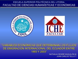 ESCUELA SUPERIOR POLITÉCNICA DEL LITORAL FACULTAD DE CIENCIAS HUMANÍSTICAS Y ECONÓMICAS “ VARIABLES ECONÓMICAS QUE DETERMINAN LOS FLUJOS DE EMIGRACIÓN INTERNACIONAL DEL ECUADOR ENTRE 1993 Y 2003” NATHALIA DESIRÉ MAQUILÓN M.  JUAN CARLOS TELLO T.  