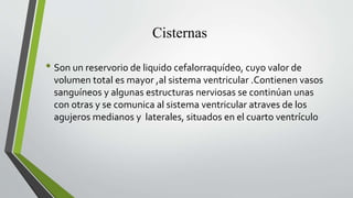 Cisternas
• Son un reservorio de liquido cefalorraquídeo, cuyo valor de
volumen total es mayor ,al sistema ventricular .Contienen vasos
sanguíneos y algunas estructuras nerviosas se continúan unas
con otras y se comunica al sistema ventricular atraves de los
agujeros medianos y laterales, situados en el cuarto ventrículo
 