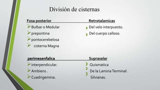 División de cisternas
Fosa posterior Retrotalamicas
Bulbar o Medular Del velo interpuesto.
prepontina Del cuerpo calloso.
pontocerebelosa
 cisterna Magna
perimesenfalica Supraselar
interpendicular. Quismatica
Ambiens . De la LaminaTerminal .
Cuadrigemina. Silvianas.
 