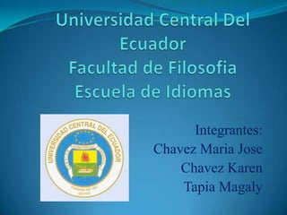 Integrantes:
Chavez Maria Jose
    Chavez Karen
    Tapia Magaly
 