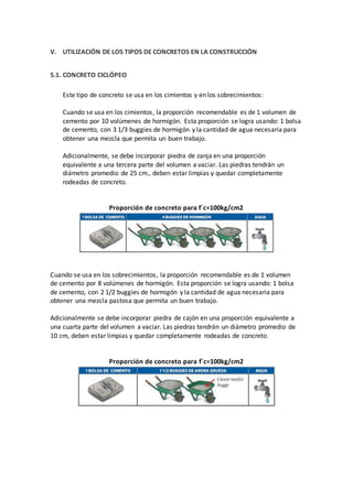 V. UTILIZACIÓN DE LOS TIPOS DE CONCRETOS EN LA CONSTRUCCIÓN
5.1. CONCRETO CICLÓPEO
Este tipo de concreto se usa en los cimientos y en los sobrecimientos:
Cuando se usa en los cimientos, la proporción recomendable es de 1 volumen de
cemento por 10 volúmenes de hormigón. Esta proporción se logra usando: 1 bolsa
de cemento, con 3 1/3 buggies de hormigón y la cantidad de agua necesaria para
obtener una mezcla que permita un buen trabajo.
Adicionalmente, se debe incorporar piedra de zanja en una proporción
equivalente a una tercera parte del volumen a vaciar. Las piedras tendrán un
diámetro promedio de 25 cm., deben estar limpias y quedar completamente
rodeadas de concreto.
Proporción de concreto para f´c=100kg/cm2
Cuando se usa en los sobrecimientos, la proporción recomendable es de 1 volumen
de cemento por 8 volúmenes de hormigón. Esta proporción se logra usando: 1 bolsa
de cemento, con 2 1/2 buggies de hormigón y la cantidad de agua necesaria para
obtener una mezcla pastosa que permita un buen trabajo.
Adicionalmente se debe incorporar piedra de cajón en una proporción equivalente a
una cuarta parte del volumen a vaciar. Las piedras tendrán un diámetro promedio de
10 cm, deben estar limpias y quedar completamente rodeadas de concreto.
Proporción de concreto para f´c=100kg/cm2
 