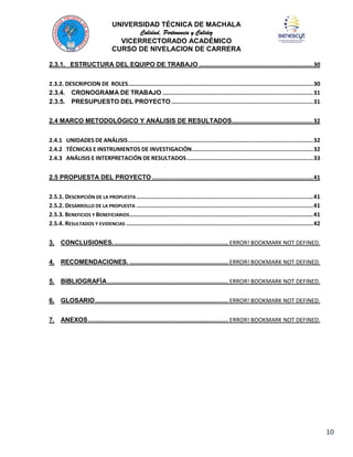 UNIVERSIDAD TÉCNICA DE MACHALA
Calidad, Pertenencia y Calidez
VICERRECTORADO ACADÉMICO
CURSO DE NIVELACION DE CARRERA
2.3.1. ESTRUCTURA DEL EQUIPO DE TRABAJO .................................................................. 30
2.3.2. DESCRIPCION DE ROLES ........................................................................................................... 30
2.3.4. CRONOGRAMA DE TRABAJO ....................................................................................... 31
2.3.5. PRESUPUESTO DEL PROYECTO .................................................................................. 31
2.4 MARCO METODOLÓGICO Y ANÁLISIS DE RESULTADOS ............................................... 32
2.4.1 UNIDADES DE ANÁLISIS ........................................................................................................... 32
2.4.2 TÉCNICAS E INSTRUMENTOS DE INVESTIGACIÓN ...................................................................... 32
2.4.3 ANÁLISIS E INTERPRETACIÓN DE RESULTADOS ......................................................................... 33
2.5 PROPUESTA DEL PROYECTO ............................................................................................. 41
2.5.1. DESCRIPCIÓN DE LA PROPUESTA ...................................................................................................... 41
2.5.2. DESARROLLO DE LA PROPUESTA ...................................................................................................... 41
2.5.3. BENEFICIOS Y BENEFICIARIOS .......................................................................................................... 41
2.5.4. RESULTADOS Y EVIDENCIAS ............................................................................................................ 42
3. CONCLUSIONES. .................................................................. ERROR! BOOKMARK NOT DEFINED.
4. RECOMENDACIONES. ......................................................... ERROR! BOOKMARK NOT DEFINED.
5. BIBLIOGRAFÍA ...................................................................... ERROR! BOOKMARK NOT DEFINED.
6. GLOSARIO ............................................................................. ERROR! BOOKMARK NOT DEFINED.
7. ANEXOS ................................................................................. ERROR! BOOKMARK NOT DEFINED.

10

 