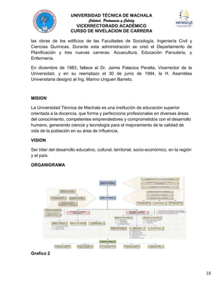UNIVERSIDAD TÉCNICA DE MACHALA
Calidad, Pertenencia y Calidez
VICERRECTORADO ACADÉMICO
CURSO DE NIVELACION DE CARRERA
las obras de los edificios de las Facultades de Sociología, Ingeniería Civil y
Ciencias Químicas. Durante esta administración se creó el Departamento de
Planificación y tres nuevas carreras: Acuacultura, Educación Parvularia, y
Enfermería.
En diciembre de 1983, fallece el Dr. Jaime Palacios Peralta, Vicerrector de la
Universidad, y en su reemplazo el 30 de junio de 1984, la H. Asamblea
Universitaria designó al Ing. Marino Uriguen Barreto.

MISION
La Universidad Técnica de Machala es una institución de educación superior
orientada a la docencia, que forma y perfecciona profesionales en diversas áreas
del conocimiento, competentes emprendedores y comprometidos con el desarrollo
humano, generando ciencia y tecnología para el mejoramiento de la calidad de
vida de la población en su área de influencia.
VISION
Ser líder del desarrollo educativo, cultural, territorial, socio-económico, en la región
y el país.
ORGANIGRAMA

Grafico 2

18

 