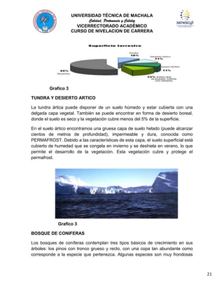 UNIVERSIDAD TÉCNICA DE MACHALA
Calidad, Pertenencia y Calidez
VICERRECTORADO ACADÉMICO
CURSO DE NIVELACION DE CARRERA

Grafico 3
TUNDRA Y DESIERTO ARTICO
La tundra ártica puede disponer de un suelo húmedo y estar cubierta con una
delgada capa vegetal. También se puede encontrar en forma de desierto boreal,
donde el suelo es seco y la vegetación cubre menos del 5% de la superficie.
En el suelo ártico encontramos una gruesa capa de suelo helado (puede alcanzar
cientos de metros de profundidad), impermeable y dura, conocida como
PERMAFROST. Debido a las características de esta capa, el suelo superficial está
cubierto de humedad que se congela en invierno y se deshiela en verano, lo que
permite el desarrollo de la vegetación. Esta vegetación cubre y protege el
permafrost.

Grafico 3
BOSQUE DE CONIFERAS
Los bosques de coníferas contemplan tres tipos básicos de crecimiento en sus
árboles: los pinos con tronco grueso y recto, con una copa tan abundante como
corresponde a la especie que pertenezca. Algunas especies son muy frondosas

21

 