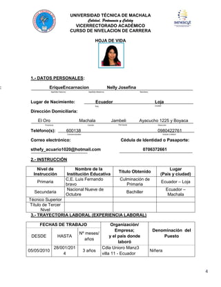 :

UNIVERSIDAD TÉCNICA DE MACHALA
Calidad, Pertenencia y Calidez
VICERRECTORADO ACADÉMICO
CURSO DE NIVELACION DE CARRERA
HOJA DE VIDA

1.- DATOS PERSONALES:
EriqueEncarnacion
Apellido Paterno

Nelly Josefina

Apellido Materno

Lugar de Nacimiento:

Nombres

Ecuador

Loja

País

Ciudad

Dirección Domiciliaria:
El Oro

Machala

Provincia

Teléfono(s):

Cantón

Jambeli

Ayacucho 1225 y Boyaca

Parroquia

Dirección

600138

0980422761

Convencionales

Celular o Móvil

Correo electrónico:

Cédula de Identidad o Pasaporte:

sthefy_acuario1020@hotmail.com

0706372661

2.- INSTRUCCIÓN
Nivel de
Instrucción
Primaria
Secundaria

Nombre de la
Institución Educativa
C,E. Luis Fernando
bravo
Nacional Nueve de
Octubre

Título Obtenido

Lugar
(País y ciudad)

Culminación de
Primaria

Ecuador – Loja

Bachiller

Ecuador –
Machala

Técnico Superior
Título de Tercer
Nivel
3.- TRAYECTORIA LABORAL (EXPERIENCIA LABORAL)
FECHAS DE TRABAJO

Organización/
Empresa;
Nº meses/
y el país donde
DESDE
HASTA
años
laboró
28/001/201
Cdla Unioro Manz3
05/05/2010
3 años
4
villa 11 - Ecuador

Denominación del
Puesto
Niñera

4

 