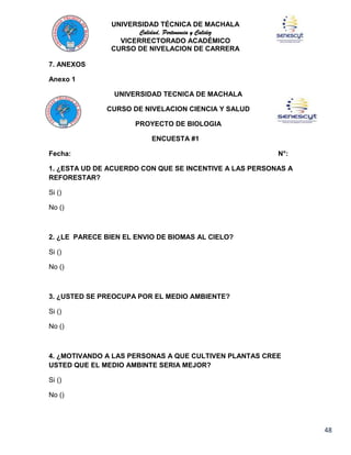 UNIVERSIDAD TÉCNICA DE MACHALA
Calidad, Pertenencia y Calidez
VICERRECTORADO ACADÉMICO
CURSO DE NIVELACION DE CARRERA
7. ANEXOS
Anexo 1
UNIVERSIDAD TECNICA DE MACHALA
CURSO DE NIVELACION CIENCIA Y SALUD
PROYECTO DE BIOLOGIA
ENCUESTA #1
Fecha:

N°:

1. ¿ESTA UD DE ACUERDO CON QUE SE INCENTIVE A LAS PERSONAS A
REFORESTAR?
Si ()
No ()

2. ¿LE PARECE BIEN EL ENVIO DE BIOMAS AL CIELO?
Si ()
No ()

3. ¿USTED SE PREOCUPA POR EL MEDIO AMBIENTE?
Si ()
No ()

4. ¿MOTIVANDO A LAS PERSONAS A QUE CULTIVEN PLANTAS CREE
USTED QUE EL MEDIO AMBINTE SERIA MEJOR?
Si ()
No ()

48

 
