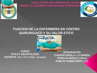 CURSO
ETICA Y DEONTOLOGIA
DOCENTE :Dra. Enit Villar carbajal
INTEGRANTES
CHAUPIS PADILLA ,CLORINDA
PERALTA ANGULO,ITALA
ROBLES GOMEZ,MARY LUZ
FUNCION DE LA ENFERMERA EN CENTRO
QUIRURGUICO Y SU VALOR ETICO
 