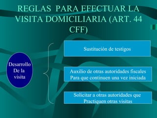 REGLAS PARA EFECTUAR LA
VISITA DOMICILIARIA (ART. 44
CFF)
Desarrollo
De la
visita
Sustitución de testigos
Auxilio de otras autoridades fiscales
Para que continuen una vez iniciada
Solicitar a otras autoridades que
Practiquen otras visitas
 