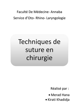 Faculté De Médecine- Annaba
Service d’Oto- Rhino- Laryngologie

Techniques de
suture en
chirurgie

Réalisé par :
Merad Hana
Kirati Khadidja

 