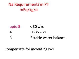 Na Requirements in PT
mEq/kg/d
upto 5 < 30 wks
4 31-35 wks
3 if stable water balance
Compensate for increasing IWL
 