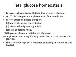 Fetal glucose homeostasis
• Fetus gets glucose by facilitated diffusion across placenta.
• GLUT 1 & 3 are present in placenta and fetal membrane
• Factors affecting glucose transport:
(a) Maternal glucose concentration
(b) Materno fetal glucose gradient
(c) Fetal endocrine milieu
(d) Degree of placental metabolism of glucose
Fetal glucose conc. is significantly lower than that of maternal BS.
(20-30%)
• Linear relationship exists between prevailing maternal BS and
fetal BS.
 