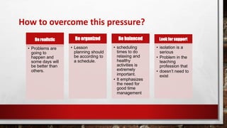 How to overcome this pressure?
Be realistic
• Problems are
going to
happen and
some days will
be better than
others.
Be organized
• Lesson
planning should
be according to
a schedule.
Be balanced
• scheduling
times to do
relaxing and
healthy
activities is
extremely
important.
• It emphasizes
the need for
good time
management
Look for support
• isolation is a
serious
• Problem in the
teaching
profession that
• doesn’t need to
exist
 