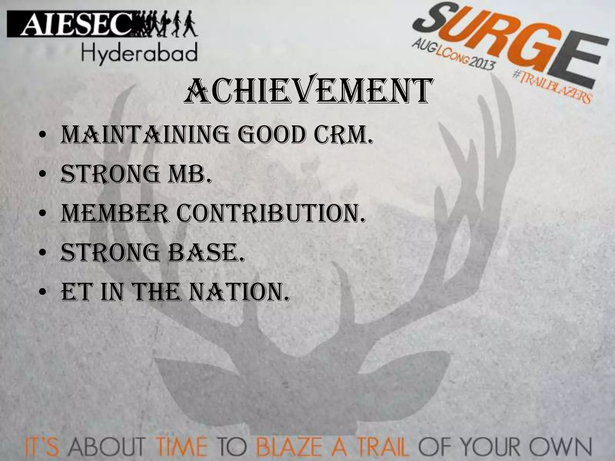 ACHIEVEMENT
• Maintaining Good CRM.
• Strong MB.
• Member contribution.
• Strong Base.
• ET in the nation.
 